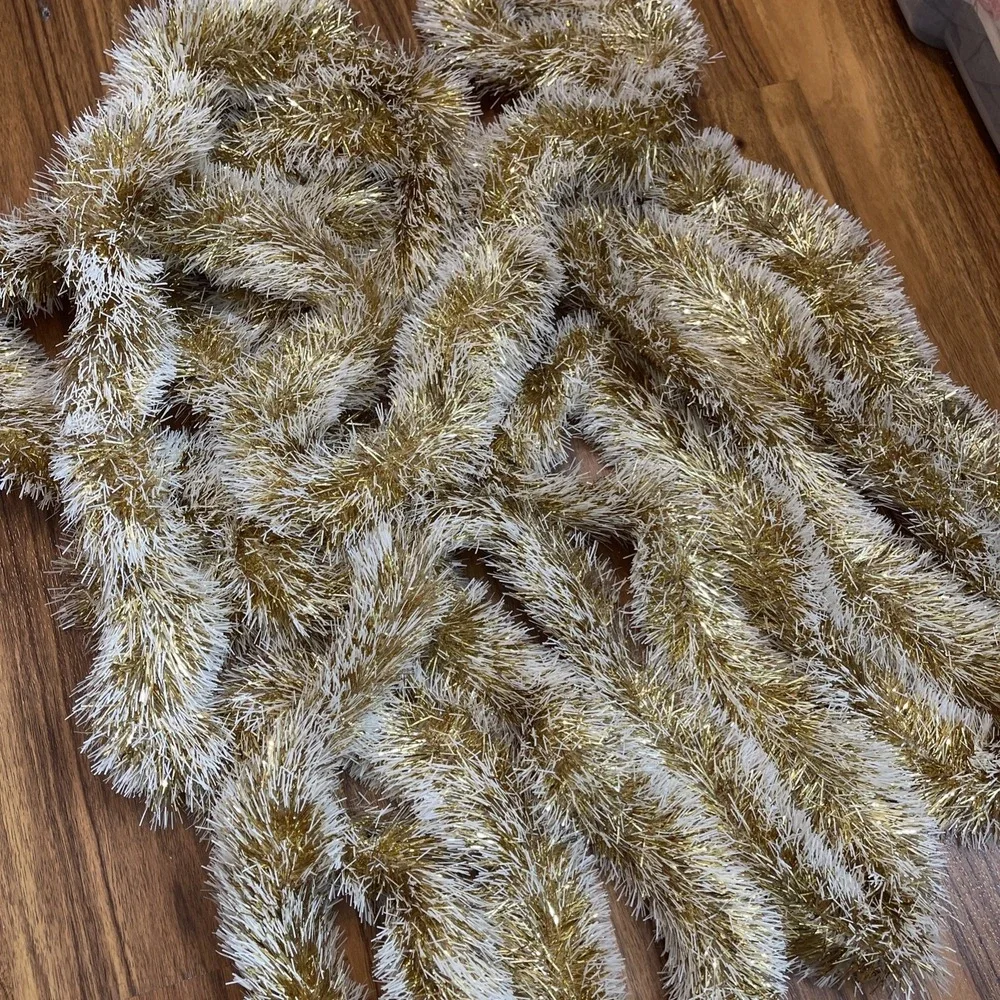 Vtg MCM Christmas Double Glo Tinsel Garland Snow Soft‎ Fluffy gold 24ft Frosted